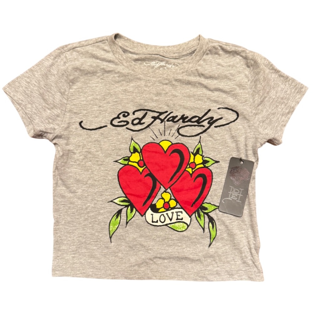 Ed Hardy Gray Crop Top with Red Heart Graphic